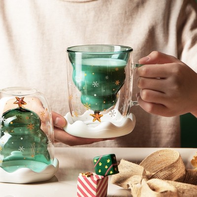 Christmas Tree Double Wall Insulated Glasses Tea Cup