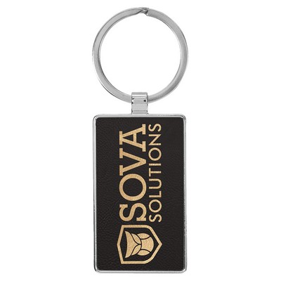 2 3/4" x 1 1/4" Leatherette/Metal Black/Gold Rectangle Keychain