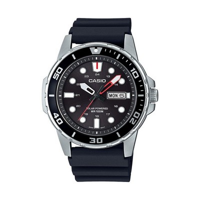 Casio Mens Classic Diver Inspired Analog Solar Black Strap Watch Black Dial