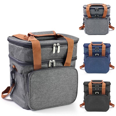 600D Polyester Double Layer Lunch Cooler Bag W/ Side Pockets