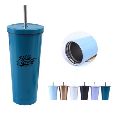 17oz Double-Walled Stainless Steel Tumbler with Spill-Proof Lid and Reusable Straw