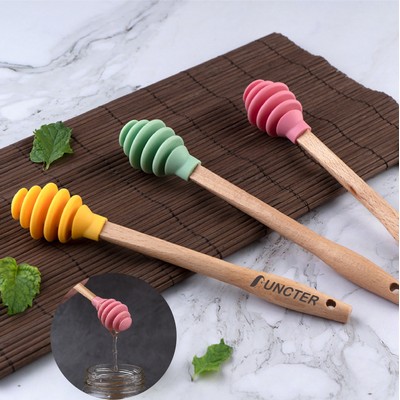 Wooden Handle Honey Dipper Syrup Dipper Honey Spoon Silicone Stick Stirrer for Honey Pot Jar