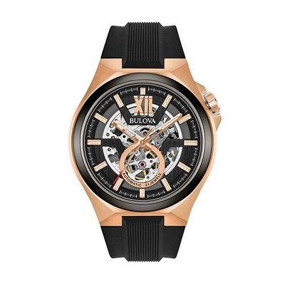 Bulova Men's Black Strap Rose Gold Tone Automatic Skeleton Dial Sport Watch