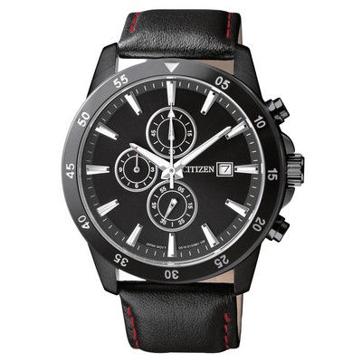 Citizen Men's Quartz SS Ion Plating with Black Leather Strap and Black Dial