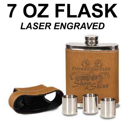 7 Oz. Leather Flask with Lid & 3 Shot Glasses