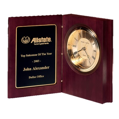 RUSH AWARD / 4 1/4" Hand-Rubbed, Mahogany-Finish Book Clock with Gold-spun