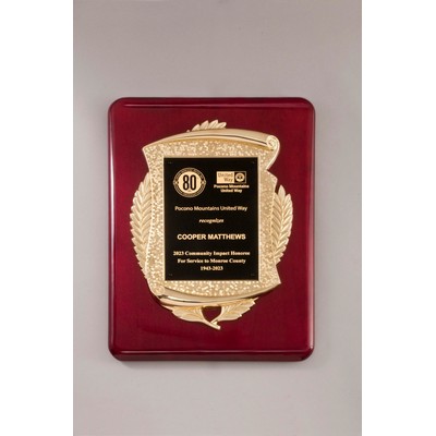 Rosewood Stained Piano Finish Plaque w/ Gold Finished Scroll Frame Casting (11 " x 15 ")