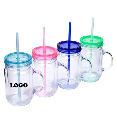 17 Oz Clear Plastic Double Wall Mason Jar With Handle