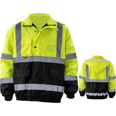 Premium Hi Vis Class 3 Color Block 2" Reflective Tape Safety Bomber Jacket