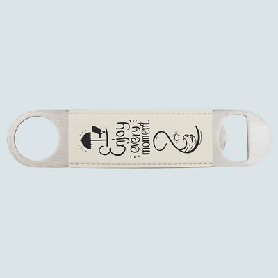 White 1-1/2"x7" Oval Rectangle Bottle Opener, Laserable Leatherette