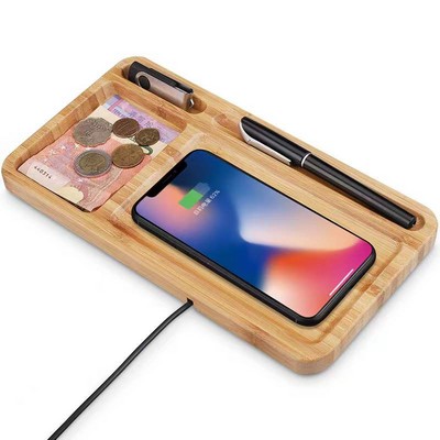 15W Bamboo Phone Charger Docking Tray w/Desk Organizer