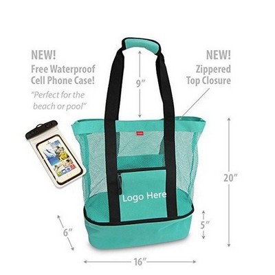 Mesh Beach Tote Bag w/Zipper Top & Insulated Picnic Cooler w/A Free Waterproof Pouch