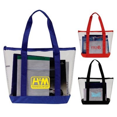 Clear PVC Reusable Zipper Tote w/ Handles & Pocket for Beach