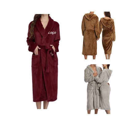 Cozy Unisex Winter Hooded Flannel Bathrobe Long Spa Robe