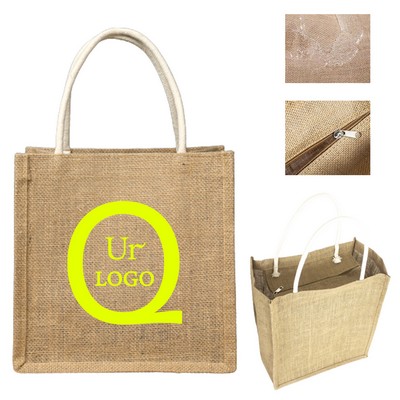 Jute Burlap Zippered Tote Bag