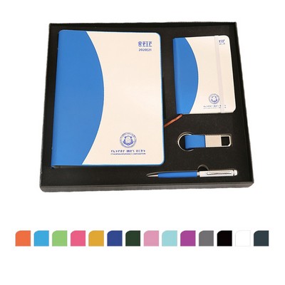 4Pcs Color-block Gift Box Set: 2 Notebooks, Ballpoint Pen, Keyring