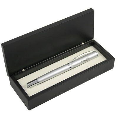 Satin Silver Roller Ball Pen with Diamond Cut Ring