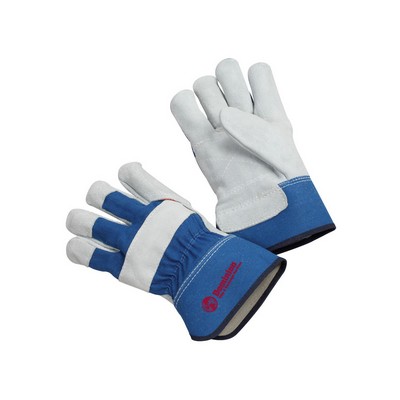 Inside double leather palm glove, blue, rubberized safety cuff