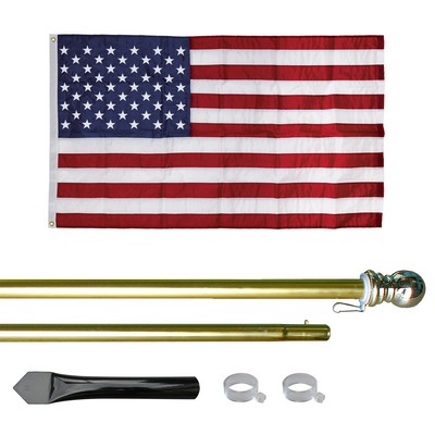 8' Gold Inground Economy Aluminum Display Pole w/ 3' x 5' Embroidered US Flag