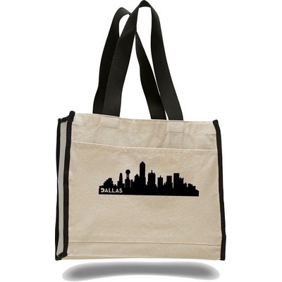 Natural Canvas Tote with Front Pocket & Black Handles (Printed)