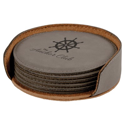 Gray Leatherette Round 6-Coaster Set