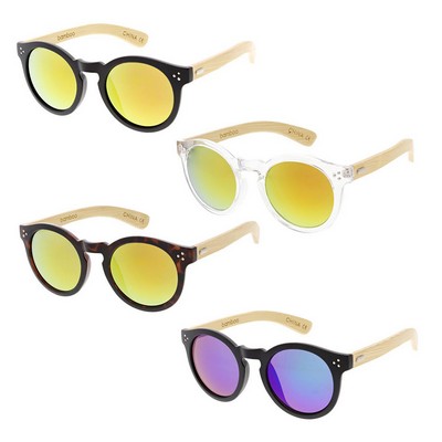 Anti-Paparazzi Large Round Bamboo Sunglasses w/Color Mirror Lens