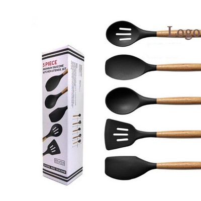 5 Piece Wooden Handle Silicone Kitchen Utensil Set