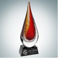 Art Glass Red Orange Narrow Teardrop Award w/ Black Base