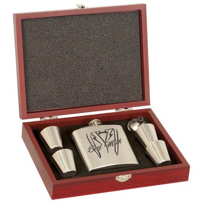 6 oz. Stainless Steel Flask Set in Wood Presentation Box