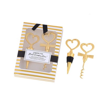 Gold Love Heart Wine Stopper and Corkscrew Opener Set