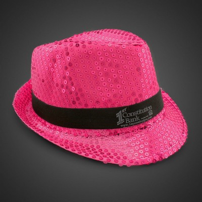 Pink Sequin Fedora Hat w/Silk Screened Black Band