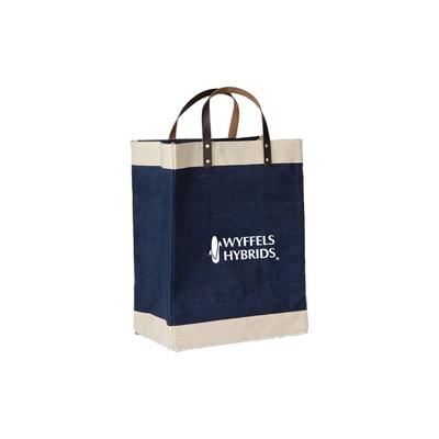 Laminated jute market tote with cotton accents and leather handles