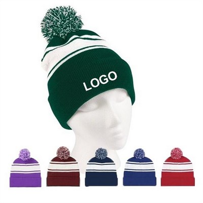 Two-tone Knitting Cuff Pom Beanie Hat