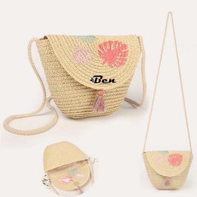 Natural Straw Bag Hand Woven Round Handle Handbags Retro