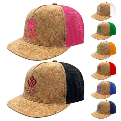 Cork Flat Visor 5 Panel Snapback Mesh Back Trucker Hat