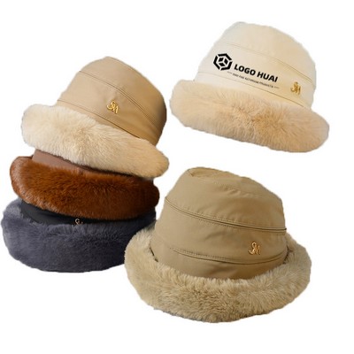 Women Winter Furry Bucket Hat w/ Fleece Lining