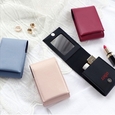 Leather Magnetic Buckle Makeup Bag Handle Bag Lipstick Storage Pouch W/Compact Mirror