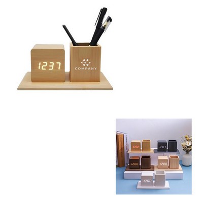 Wood Alarm Clock With Pen Holder