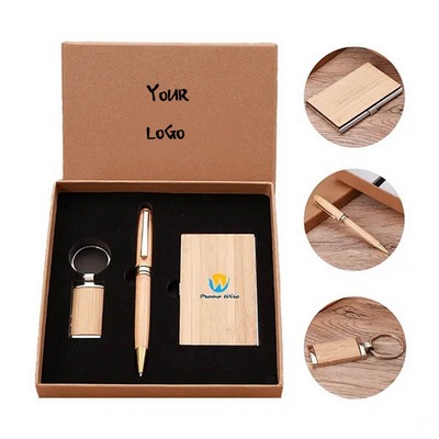 Eco Bamboo Business Card Holder Pen Keychain Gift Kit