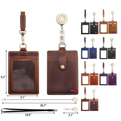 Retractable Badge Reel ID Badge Holder Genuine Leather Card Slots Case with Detachable Neck Lanyard