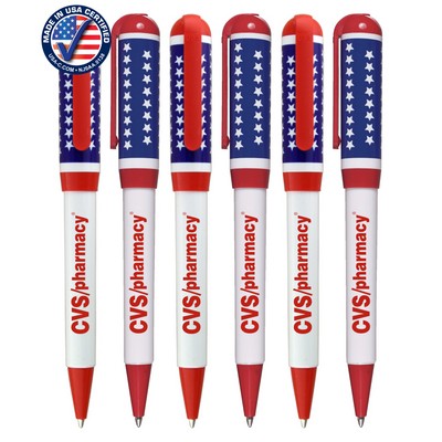 Union Printed - USA Made - Patriotic Flag - Euro Style Twist Pen with Pocket Clip - 1-Color Logo