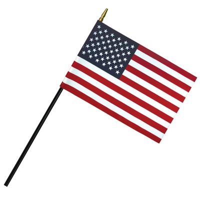 4" x 6" Deluxe Rayon U.S. Stick Flag with Spear Top on 3/16" Diameter Black Dowel