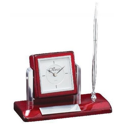 Tinted Rosewood Clock w/Pen, 7 1/2" x 4 1/2"