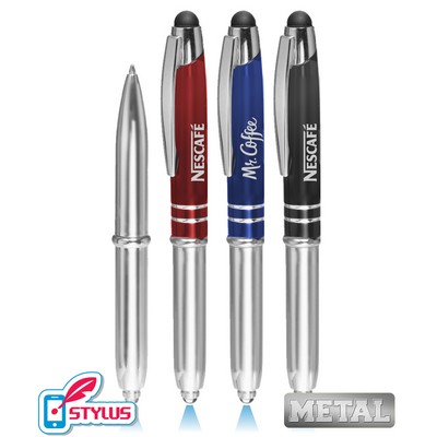 Union Printed, Silver - Dazzling - Metal LED Flashlight Stylus Pen