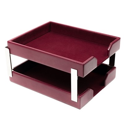 Bonded Leather Burgundy Red Double Letter Tray w/Silver Post