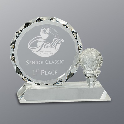 Crystal Golf Ball & Faceted Circle Award with Trapezoidal Base, 6-1/4"x 5-1/4"H