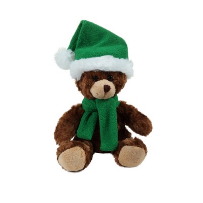 soft plush Chocolate Curly Sitting Bear with Christmas scarf &hat