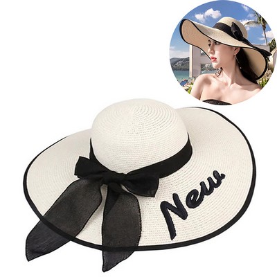 Womens Wide Brim Straw Hat Foldable Beach Sun Hat