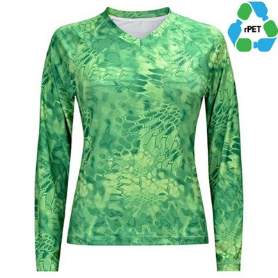 Women's rPET Recycled 100% Polyester Sublimation Performance V-Neck Long Sleeve T-Shirt