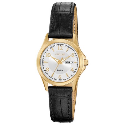 Citizen® Ladies' Quartz Black Leather Watch w/Silver Dial